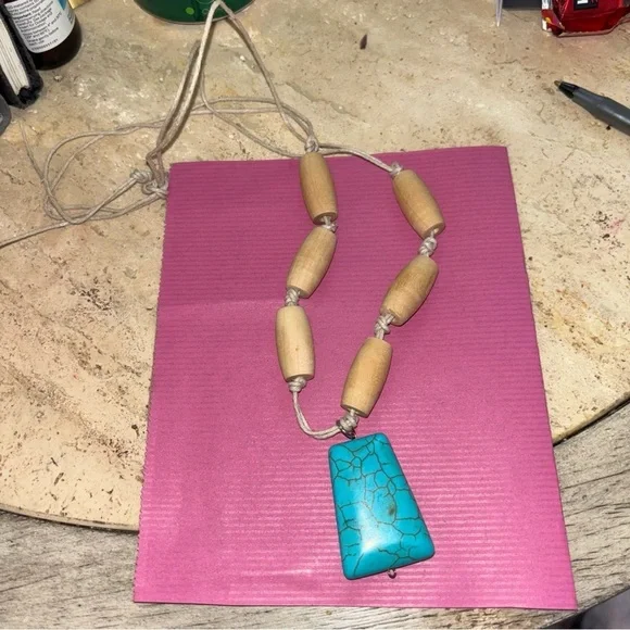 Turquoise Type Pendent Necklace Homemade Wooded Spools Corded Rope 14” Long - Picture 1 of 9
